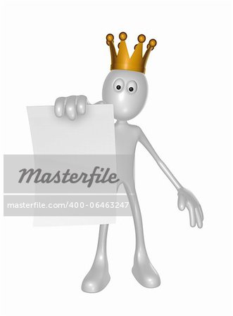 white guy with crown holds blank paper sheet - 3d illustration