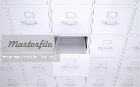 Office bookcase with drawers. One box is open. 3d rendering