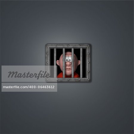 cartoon guy behind riveted steel prison window - 3d illustration