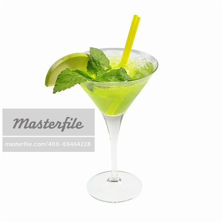 Green cocktail with ice and mint. Isolated on white.