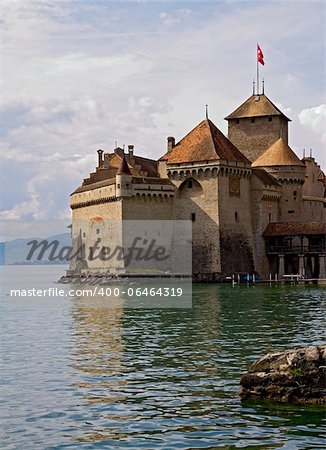 Chillon Castle is located on a rock on the banks of Lake Geneva