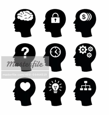 Thinking, creating ideas concept - black head icons isolated on white