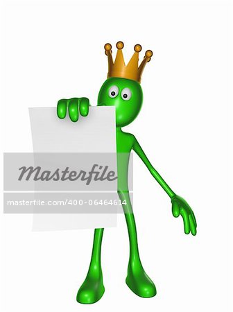 green guy with crown holds blank paper sheet - 3d illustration