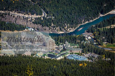 High Angle View of Banff Springs Hotel and Bow Valley, Banff National Park, Alberta, Canada