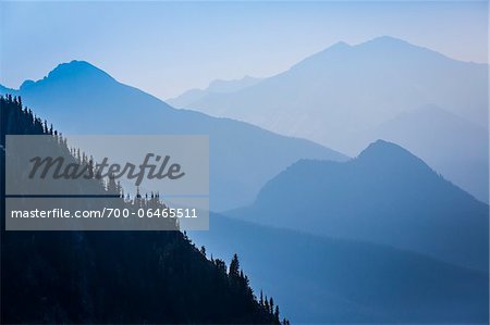 Overview of Hazy Blue Mountain Range, Rock Isle Trail, Sunshine Meadows, Mount Assiniboine Provincial Park, British Columbia, Canada