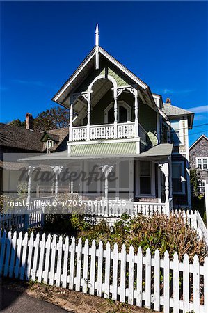 House Exterior with White Picket Fence, Wesleyan Grove, Camp Meeting Association Historical Area, Oak Bluffs, Martha's Vineyard, Massachusetts, USA