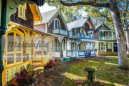 Row of Colorful Cottages in Wesleyan Grove, Camp Meeting Association Historical Area, Oak Bluffs, Martha's Vineyard, Massachusetts, USA