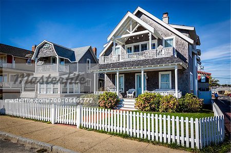 Houses with White Picket Fences, Oak Bluffs, Dukes County, Martha's Vineyard, Massachusetts, USA