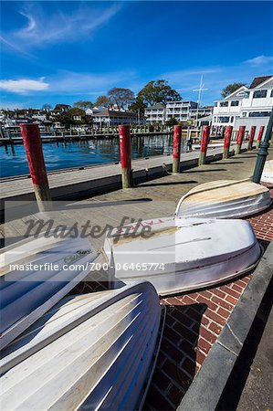 Upside Down Rowboats on Waterfront Dock, Edgartown, Dukes County, Martha's Vineyard, Massachusetts, USA