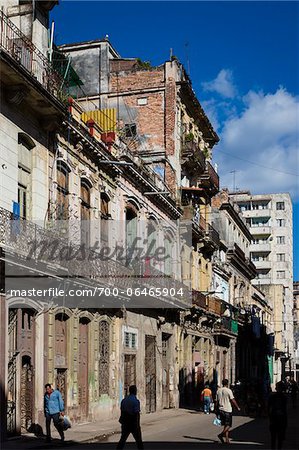 Street Scene with Pedestrians and Typical Architecture, Havana, Cuba