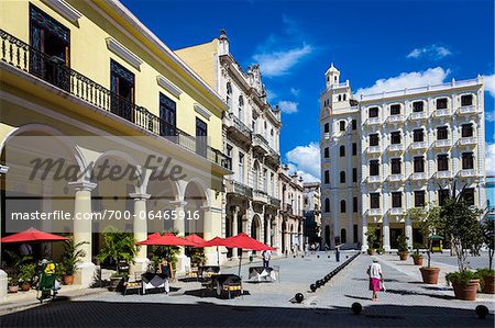 Restaurant Patio with Red Umbrellas Facing Plaza Vieja, Havana, Cuba