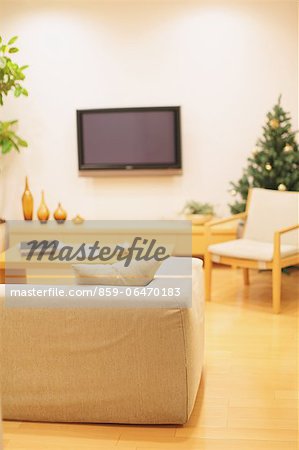 Living room with furniture, LCD TV on the wall and a Christmas tree in the background