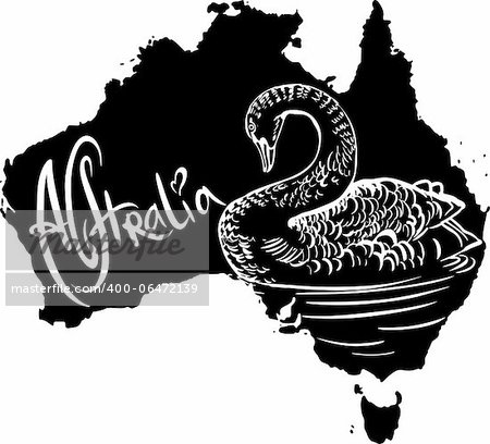 Black swan (Cygnus atratus) on map of Australia. Black and white vector illustration.