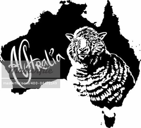 Merino ewe on map of Australia. Black and white vector illustration.