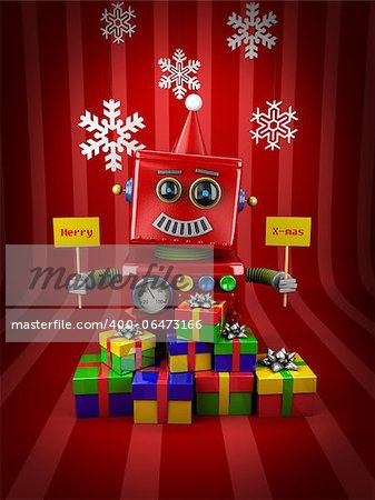Little happy vintage toy robot with christmas presents
