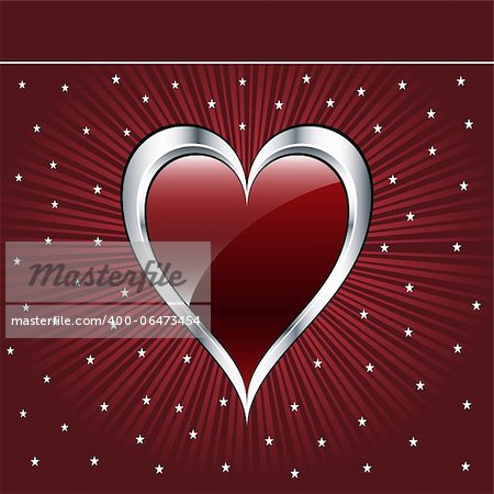 Valentine love heart in a dark red and silver on sunburst background with stars. Copyspace for text.