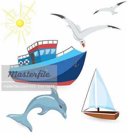Boats dolphin seagulls set on white background vector set