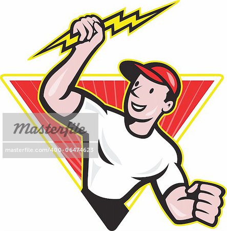 Illustration of an electrician construction worker holding a lightning bolt set inside triangle done in cartoon style in isolated white background.