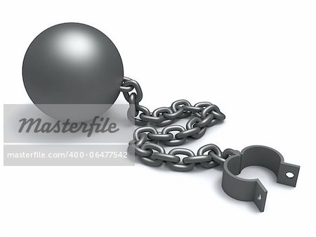 Ball and chain, close-up on a white background.