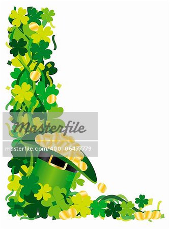 St Patricks Day Irish Lucky Four Leaf Clover with Leprechaun Hat of Gold and Confetti Border Illustration