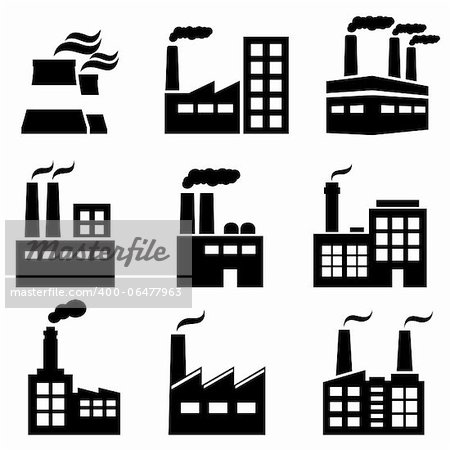 Industrial building, factory and power plants icon set