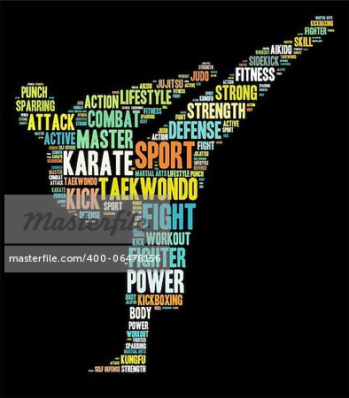 Martial arts info-text graphics arrangement and word cloud. Martial arts and self defense concept.