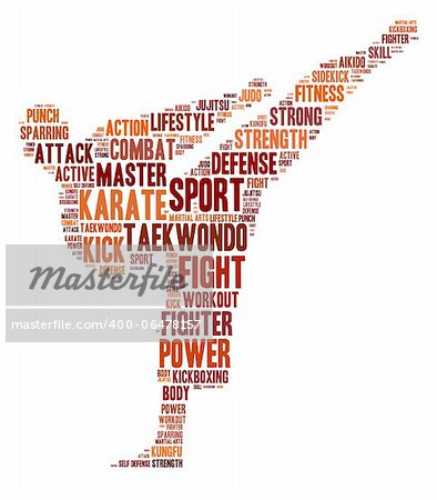 Martial arts info-text graphics arrangement and word cloud. Martial arts and self defense concept.