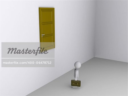 3d businessman looks up at door high on the wall