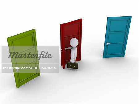 3d businessman chooses to open the middle door out of three