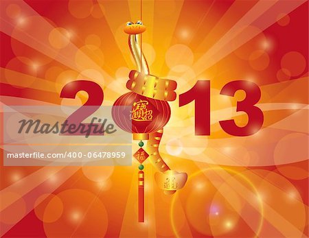 Chinese Lunar New Year 2013 Snake on Red Lantern with Bringing in Wealth and Fortune Text on Bokeh Background Illustration