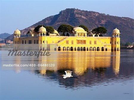 The palace Jal Mahal at night.  Jal Mahal (Water Palace) was built during the 18th century in the middle of Mansarovar Lake.  Jaipur, Rajasthan, India.