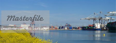 panorama of Rotterdam harbor with a container ship being unloaded