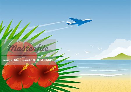 Tropical beach seascape. Vector illustration with clipping mask.