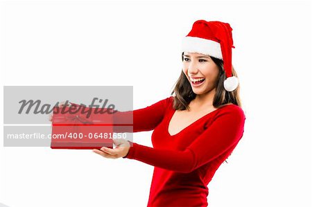 Beautiful asian woman wearing Santa's hat and giving a gift, isolated on white