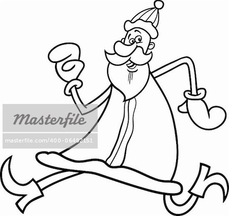 Cartoon Illustration of Funny Running Santa Claus or Papa Noel or Father Christmas for Coloring Book