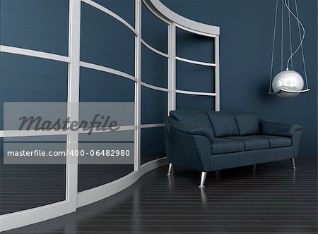 blue leather sofa is in a dark modern interior