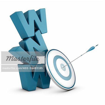 WWW 3D blue letters pile over white background with a target and one arrow hitting the center