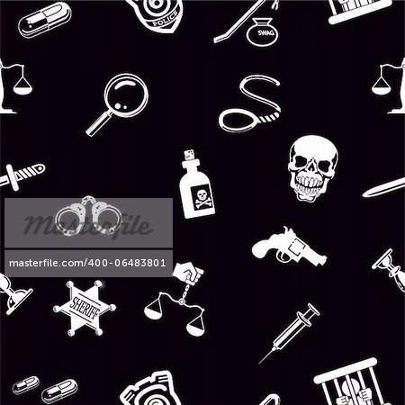 A repeating seamless crime, law or legal background tile texture with lots of icons of different items related to crime and law enforcement