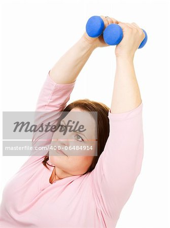 Pretty, plus size woman working out with hand weights.  Isolated on white.