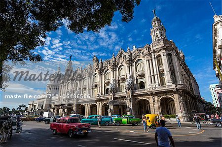 Classic Cars and Traffic in front of Great Theatre of Havana (Gran Teatro de La Habana), Havana, Cuba