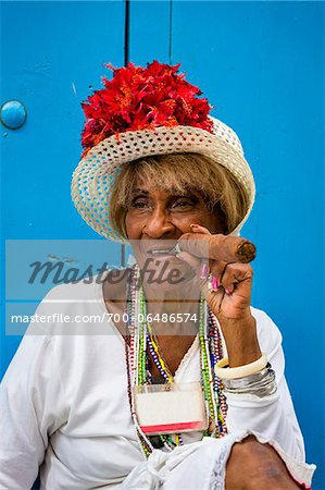 Portrait of Woman Wearing Hat and Smoking Large Cigar, Old Havana, Havana, Cuba