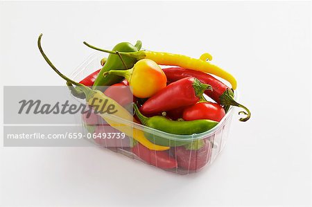 Various types of peppers in a plastic bowl