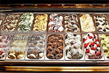 Various types of ice cream in an ice cream cafe