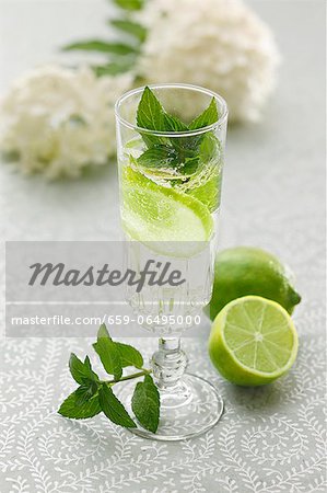 Hugo (a cocktail with elderflower syrup, champagne and limes)