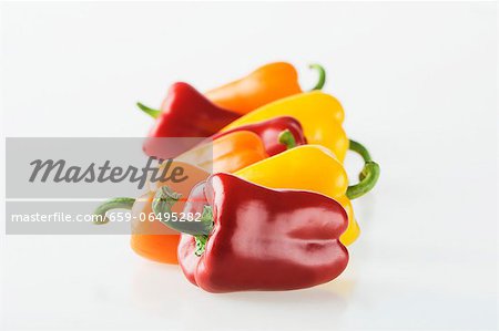 A row of red, yellow and orange peppers