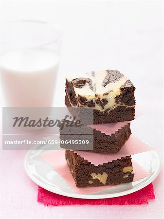 A stack of brownies and a glass of milk A stack of brownies and a glass of milk