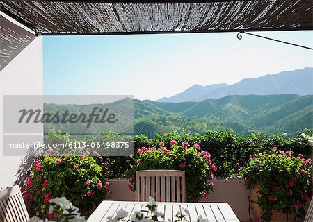 View of mountains from balcony with potted flowers