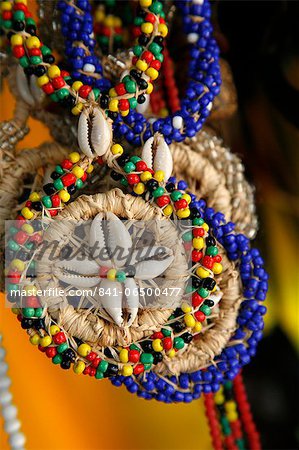 Candomble wear strings of beads made of seeds and shells in the colours of African gods. Cachoeira, Bahia, Brazil.