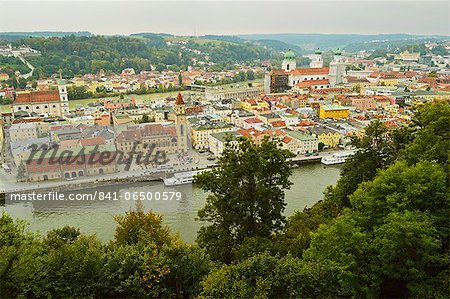 View of Passau with rivers Danube and Inn, Bavaria, Germany, Europe