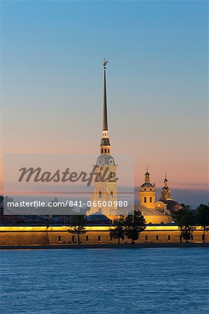 St. Peter and Paul Cathedral and the River Neva at night, St. Petersburg, Russia, Europe